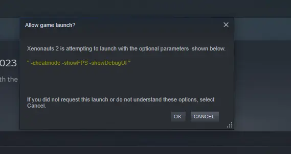 Steam Launch Options screenshot showing the Xenonauts 2 Cheat mode enabled