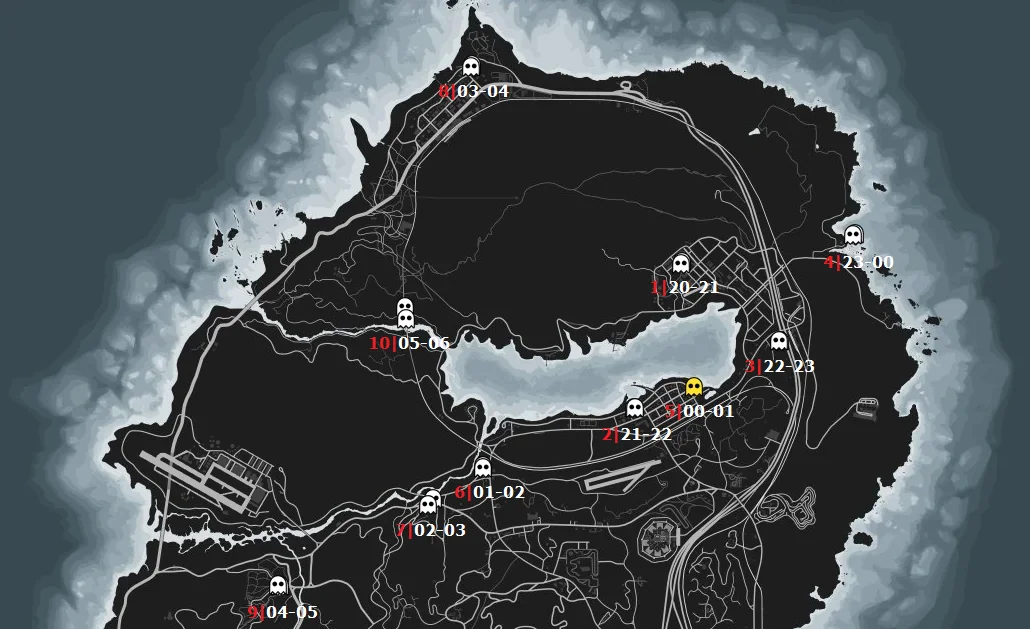 Map of All Ghost Locations and Spawn Times for GTA Online Halloween 2023 Event.